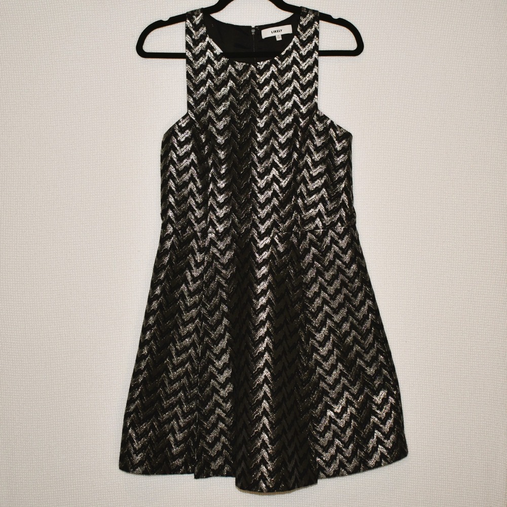 Likely Metallic Silver Black Chevron Zig Zag Fit Flare Cocktail Dress Pockets 10